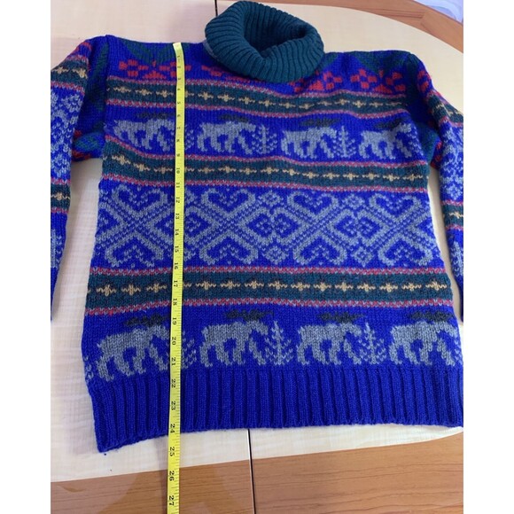 Eddie Bauer Sweater Pullover Vintage Wool turtleneck Deer Animals Geometric Aran - Picture 13 of 16